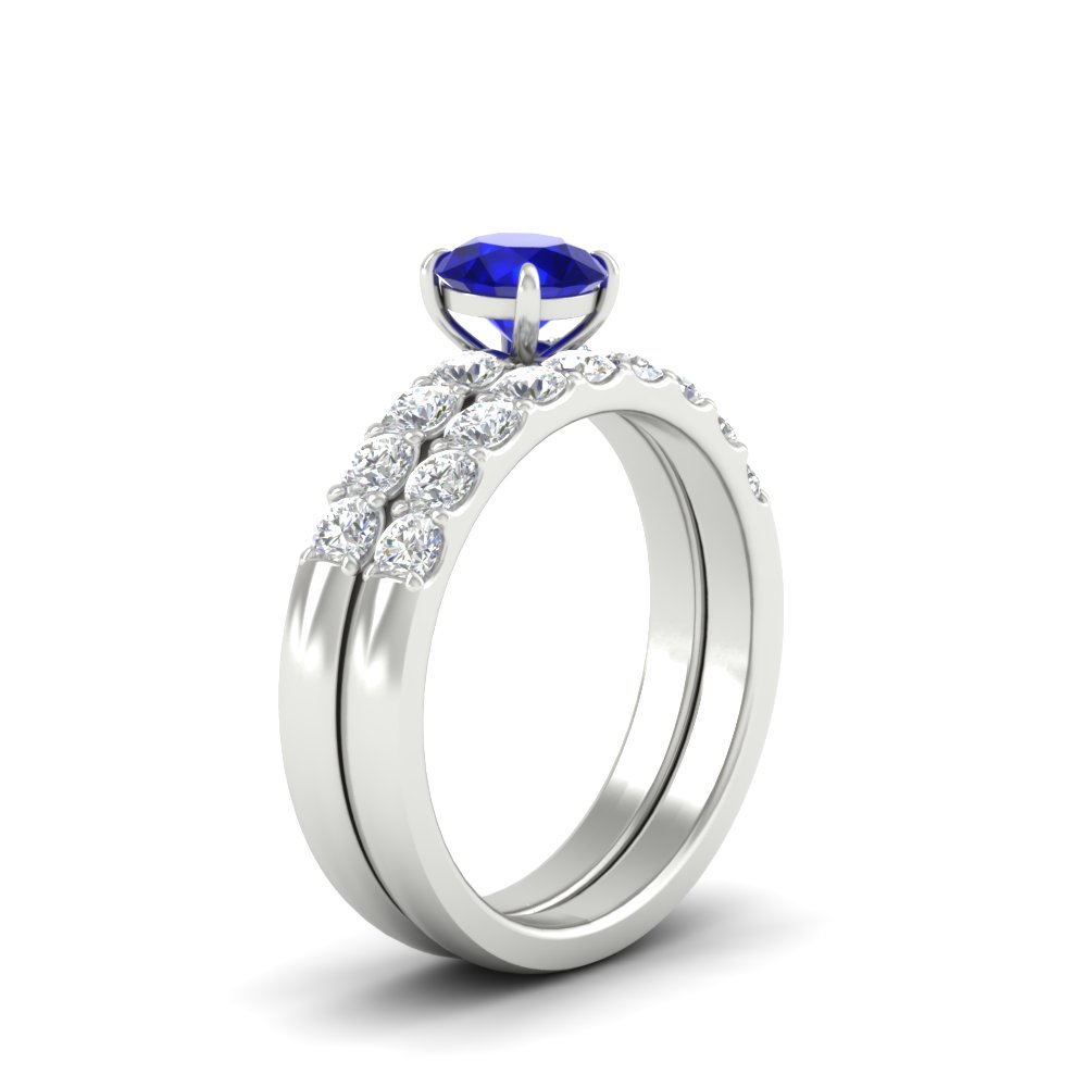 Round Solitaire Bridal Ring Set with Diamond Accents with 14K White Gold Blue Sapphire