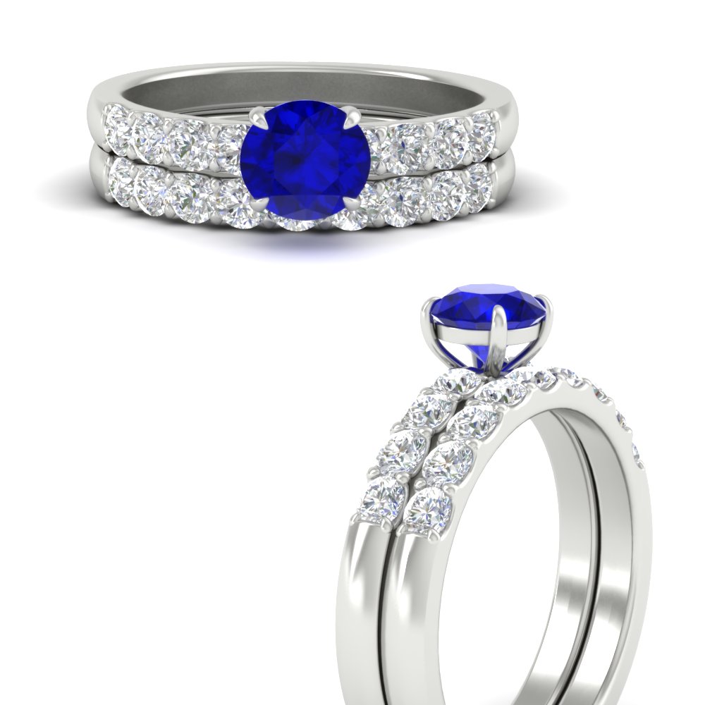 Round Solitaire Bridal Ring Set with Diamond Accents with 14K White Gold Blue Sapphire