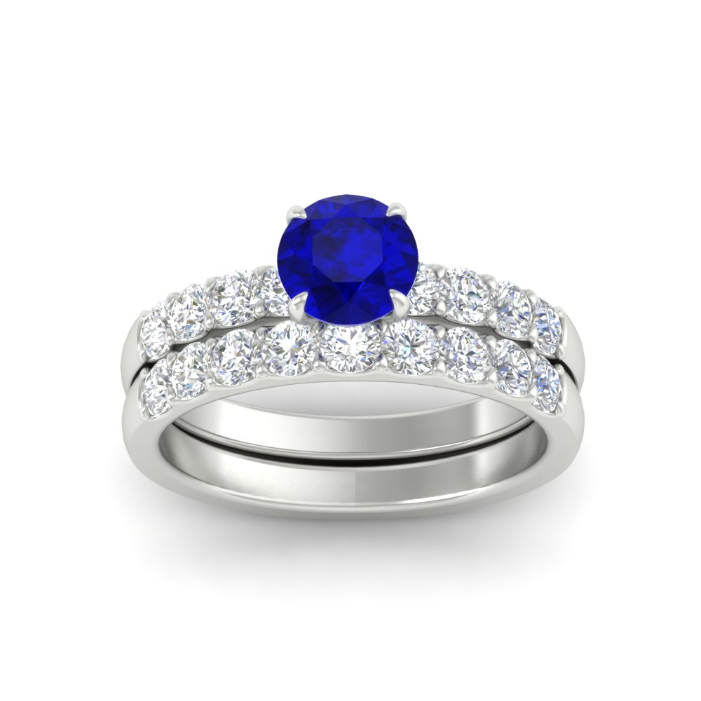 Round Solitaire Bridal Ring Set with Diamond Accents with 14K White Gold Blue Sapphire