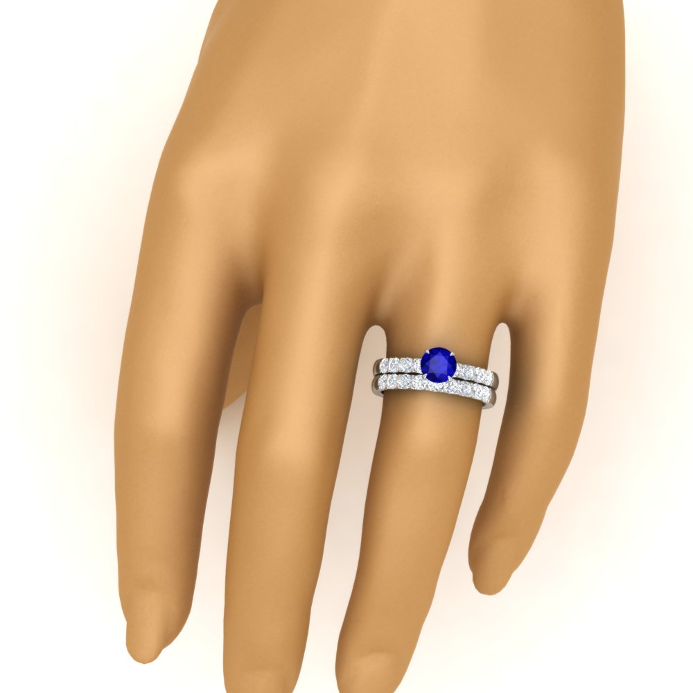 Round Solitaire Bridal Ring Set with Diamond Accents with 14K White Gold Blue Sapphire