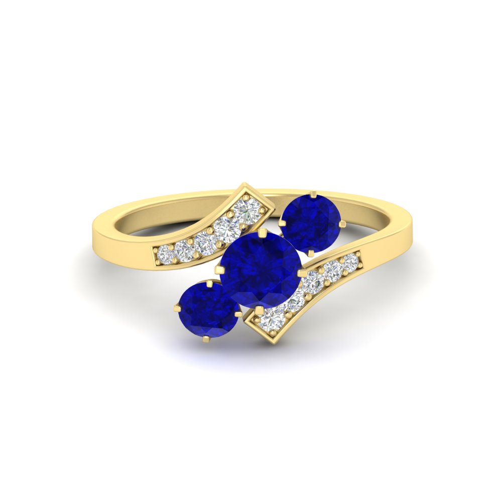 Round Cut Trio Bypass Gemstone Ring with 14K Yellow Gold Blue Sapphire