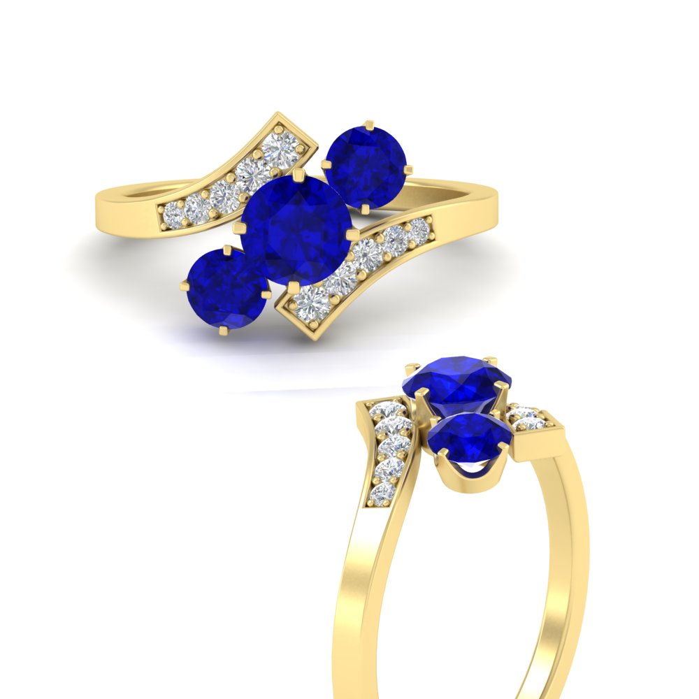 Round Cut Trio Bypass Gemstone Ring with 14K Yellow Gold Blue Sapphire