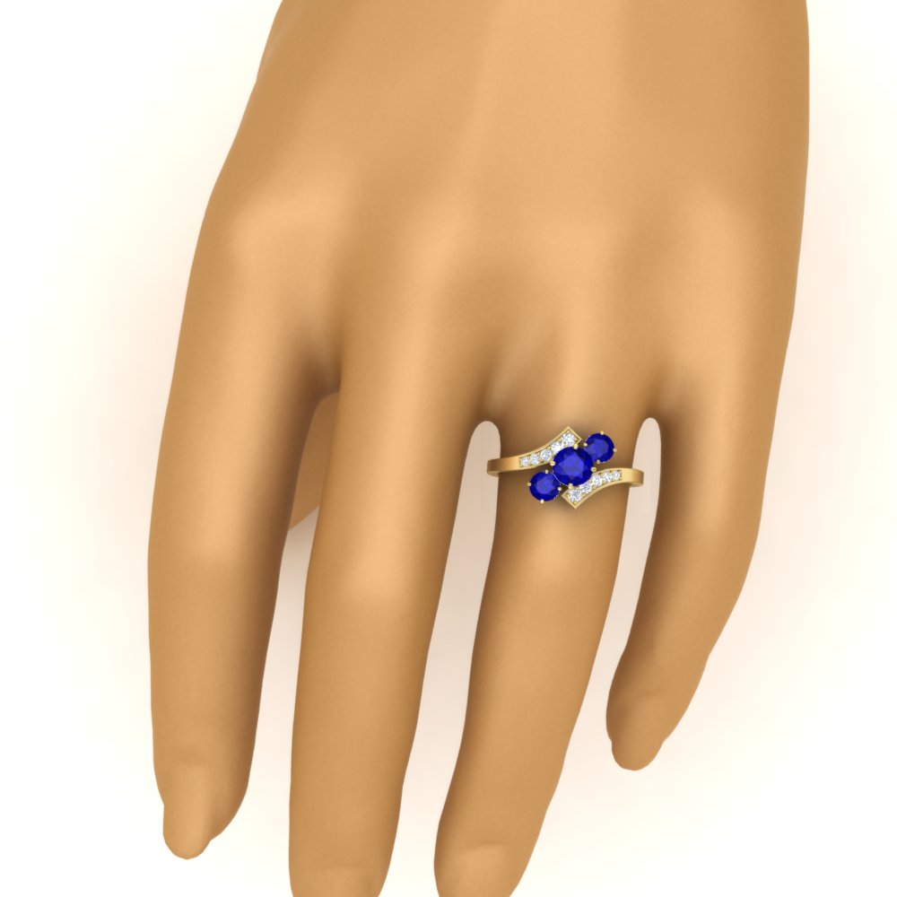 Round Cut Trio Bypass Gemstone Ring with 14K Yellow Gold Blue Sapphire