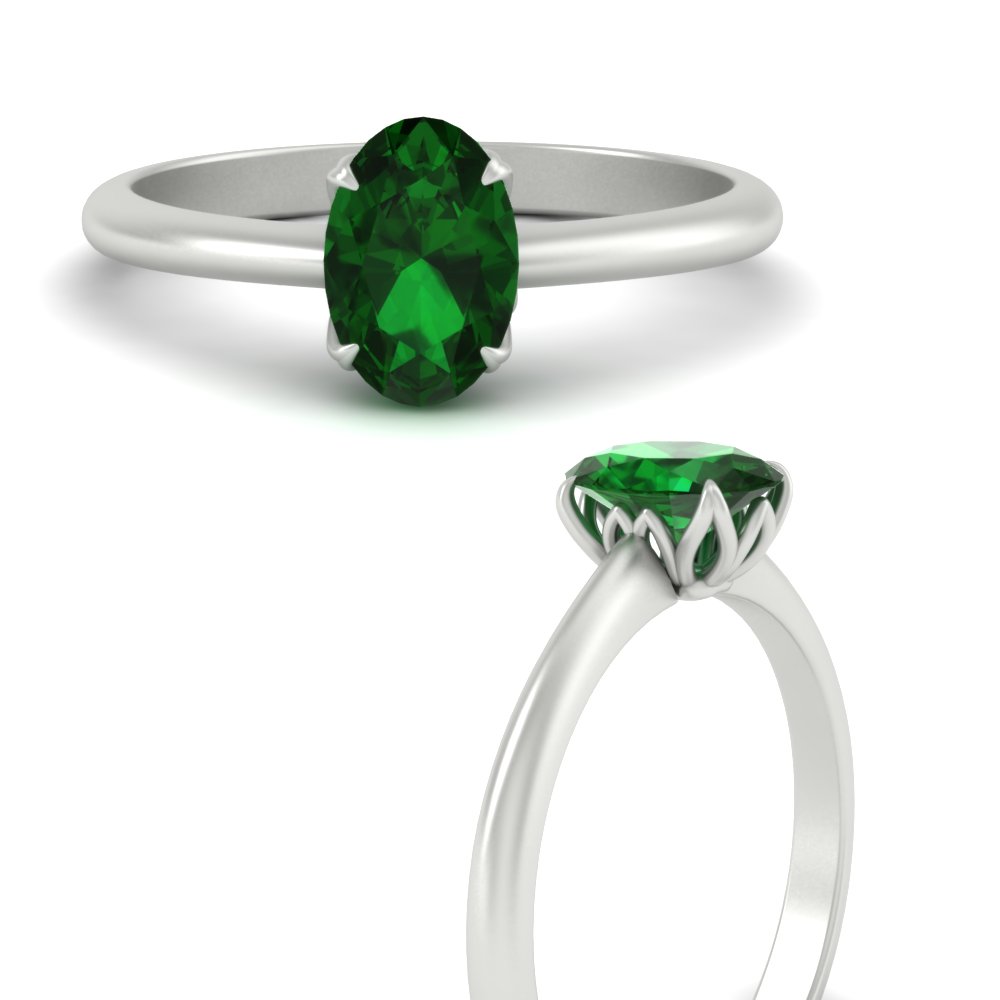 Solitaire Oval Shaped Cathedral Ring with Floral Head with 950 Platinum Green Emerald