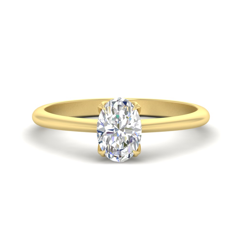 Oval Shaped  Solitaire Cathedral Ring with Floral Head with White Diamond 14K Yellow Gold