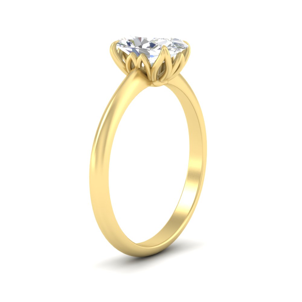 Oval Shaped  Solitaire Cathedral Ring with Floral Head with White Diamond 14K Yellow Gold