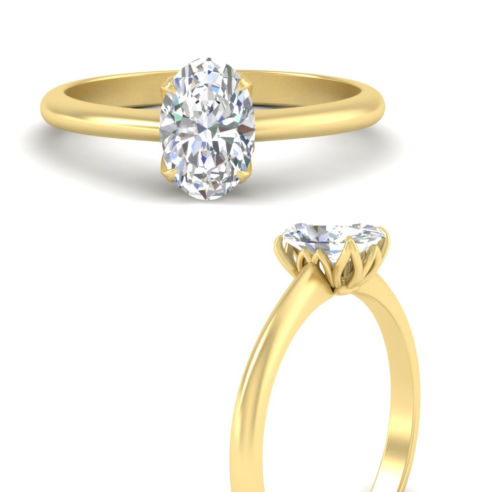 Oval Shaped  Solitaire Cathedral Ring with Floral Head with White Diamond 14K Yellow Gold