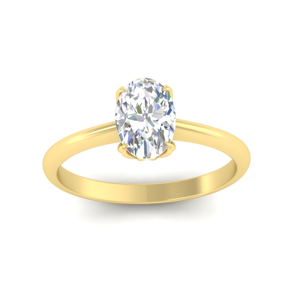 Oval Shaped  Solitaire Cathedral Ring with Floral Head with White Diamond 14K Yellow Gold