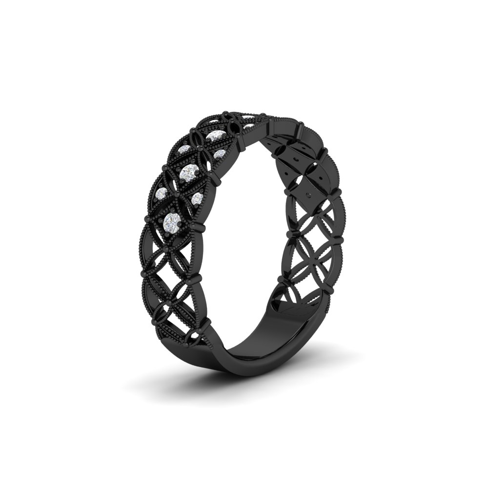  Black Milgrain Woven Round Diamond Wedding Band with White Diamond 14K Black Gold