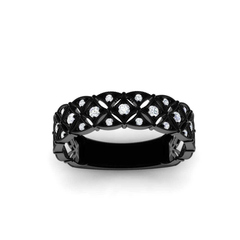  Black Milgrain Woven Round Diamond Wedding Band with White Diamond 14K Black Gold