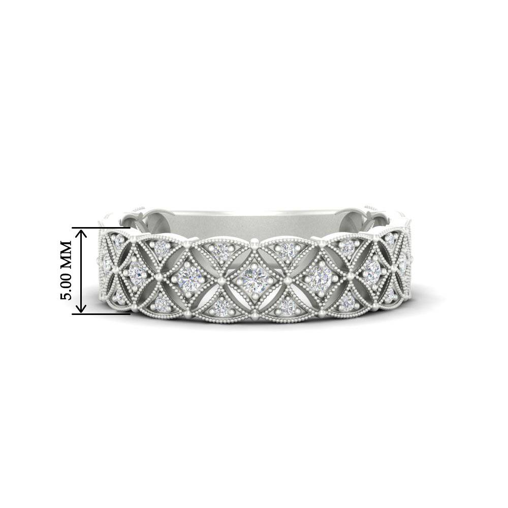 Milgrain Woven Wedding Band with 14K White Gold White Diamond