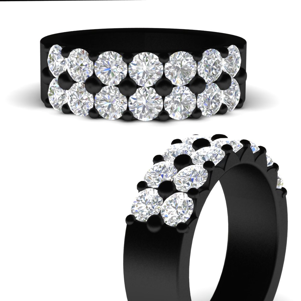Black Double Row Shared Prong Diamond Wedding Band with 14K Black Gold White Diamond