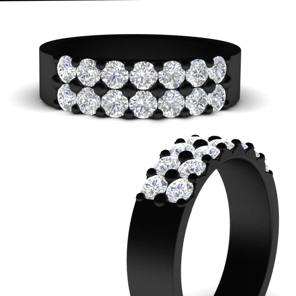 Semi Mount Shaped Black Sparkle Two Line 1 Ct Diamond Wedding Band with White Diamond 14K Black Gold