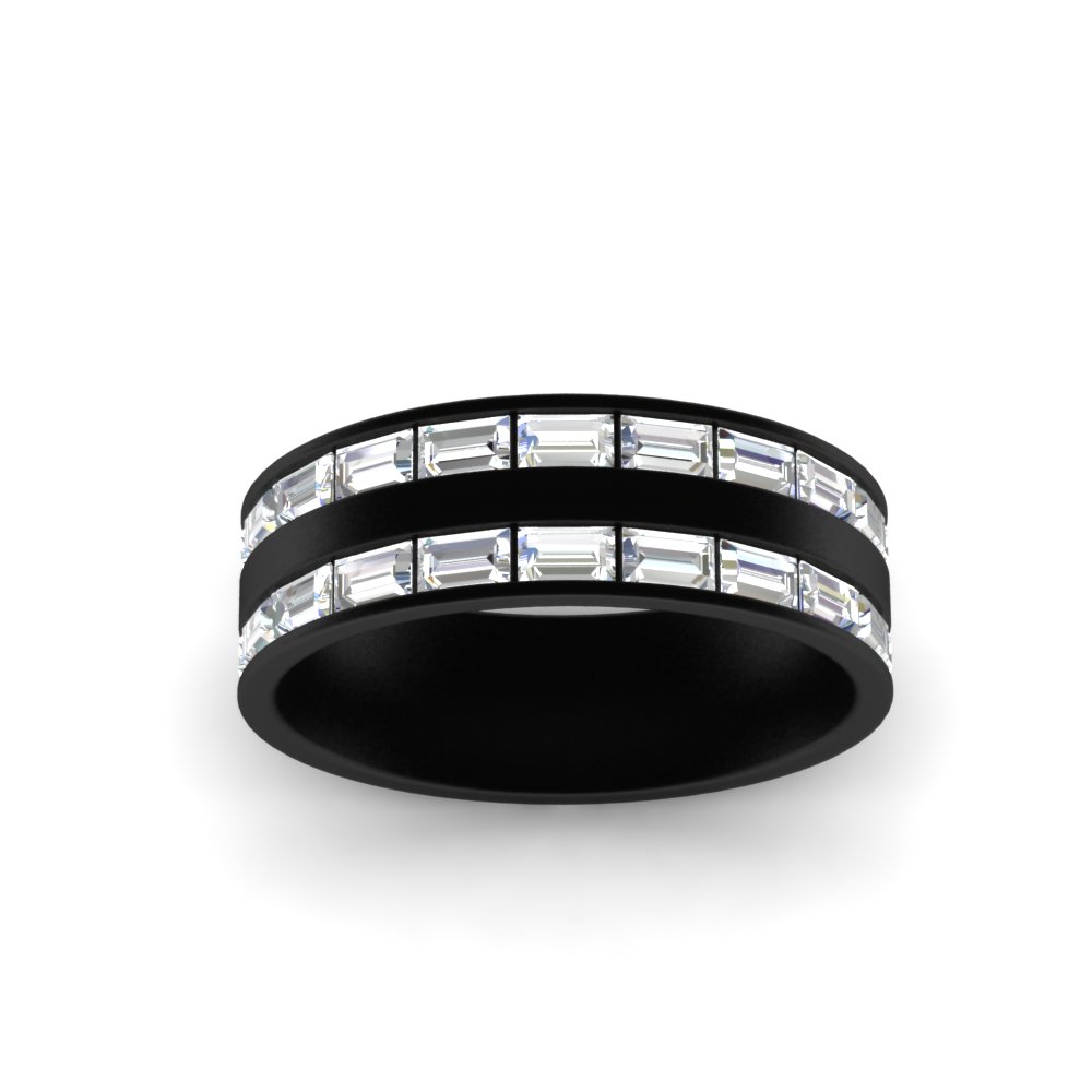 East West Baguette Diamond Halfway Wedding Band with White Diamond in 14K Black Gold