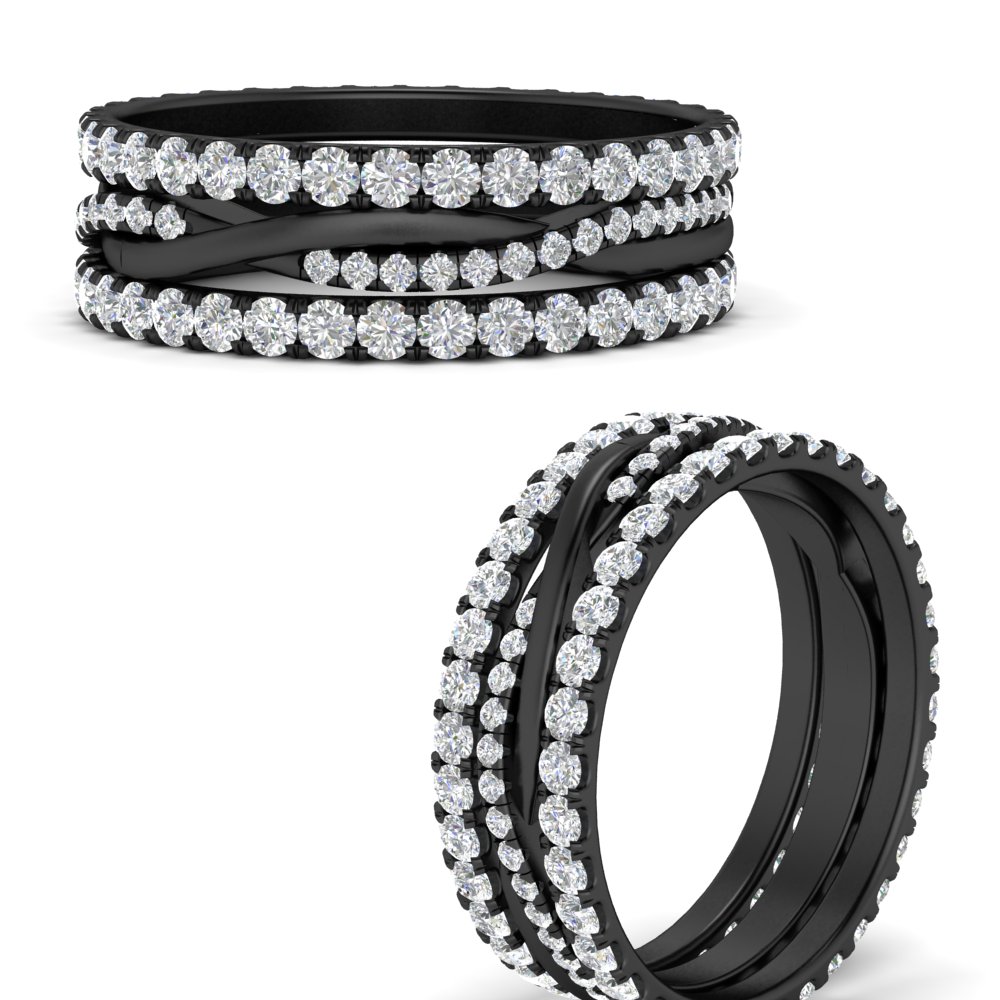 Round Diamond Triple Black Stack Eternity Ring with 14K Black Gold White Diamond