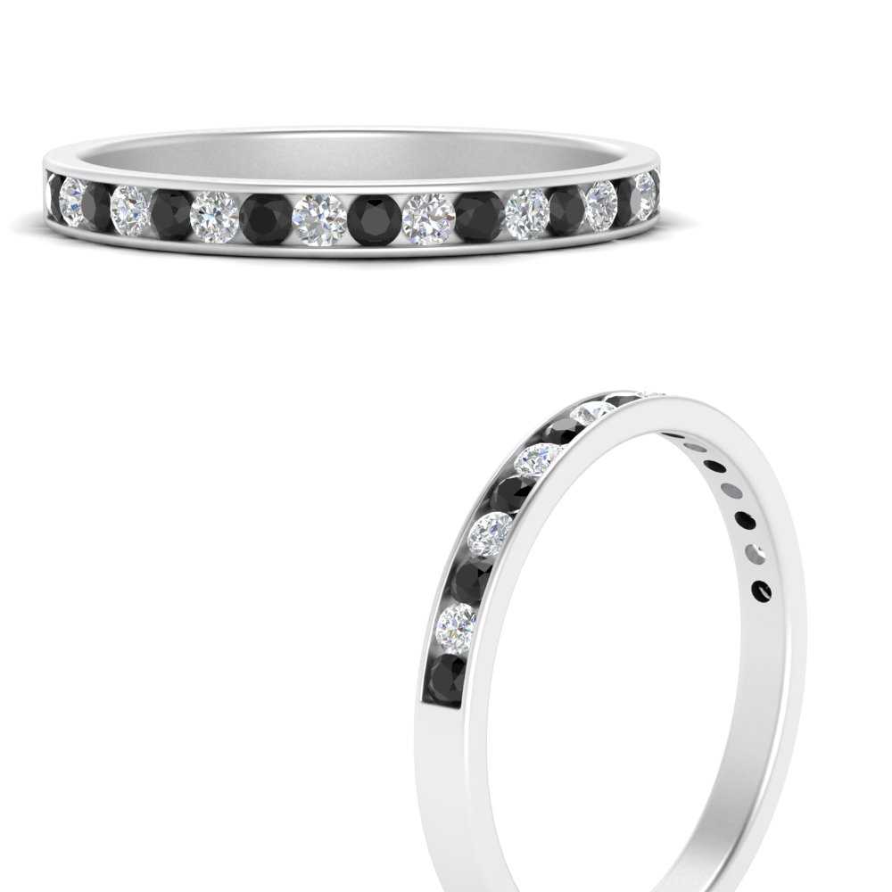 Round Channel Stacking Band With Black Diamond In 14K White Gold