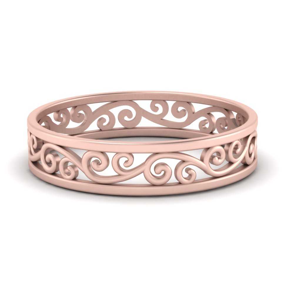 18k Rose Gold Eternity Wedding Band Filigree Leaf Diamond Rings