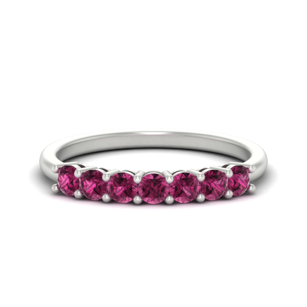 0.50 Carat Half Eternity Seven Stone Gemstone Wedding Band with 14K White Gold Pink Sapphire