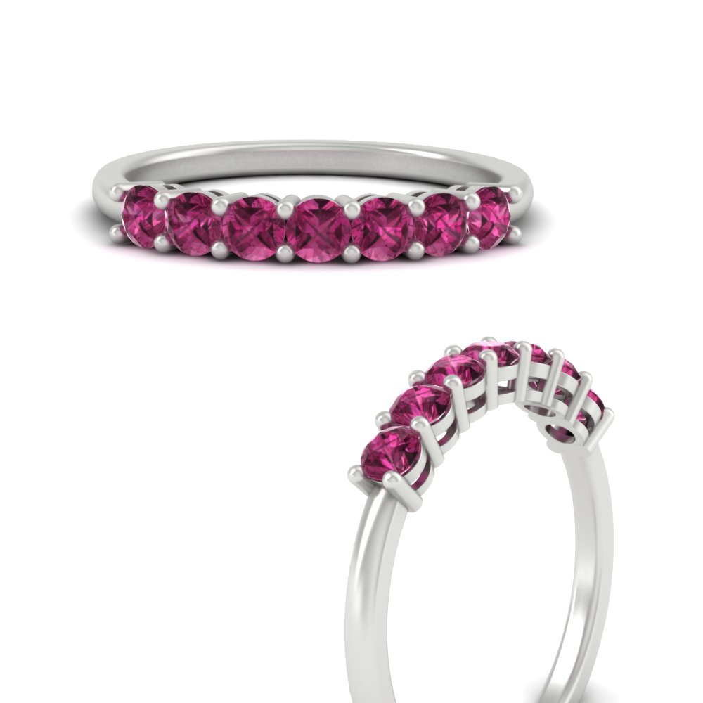 0.50 Carat Half Eternity Seven Stone Gemstone Wedding Band with 14K White Gold Pink Sapphire
