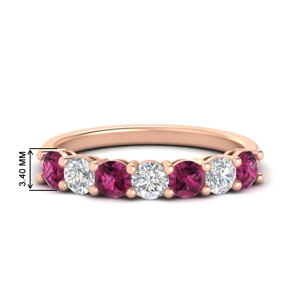 Semi Mount Shaped 1 Carat 7 Round Diamond Anniversary Band Ring with Pink Sapphire 14K Rose Gold