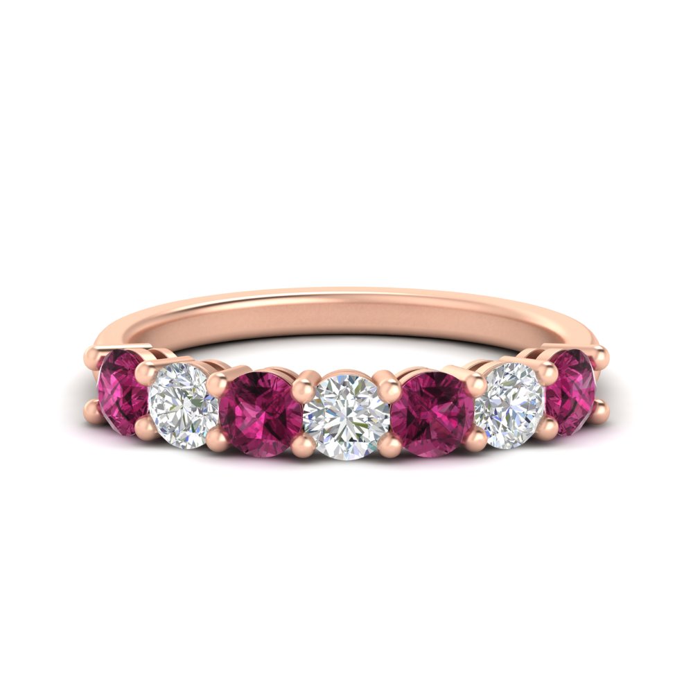 Semi Mount Shaped 1 Carat 7 Round Diamond Anniversary Band Ring with Pink Sapphire 14K Rose Gold