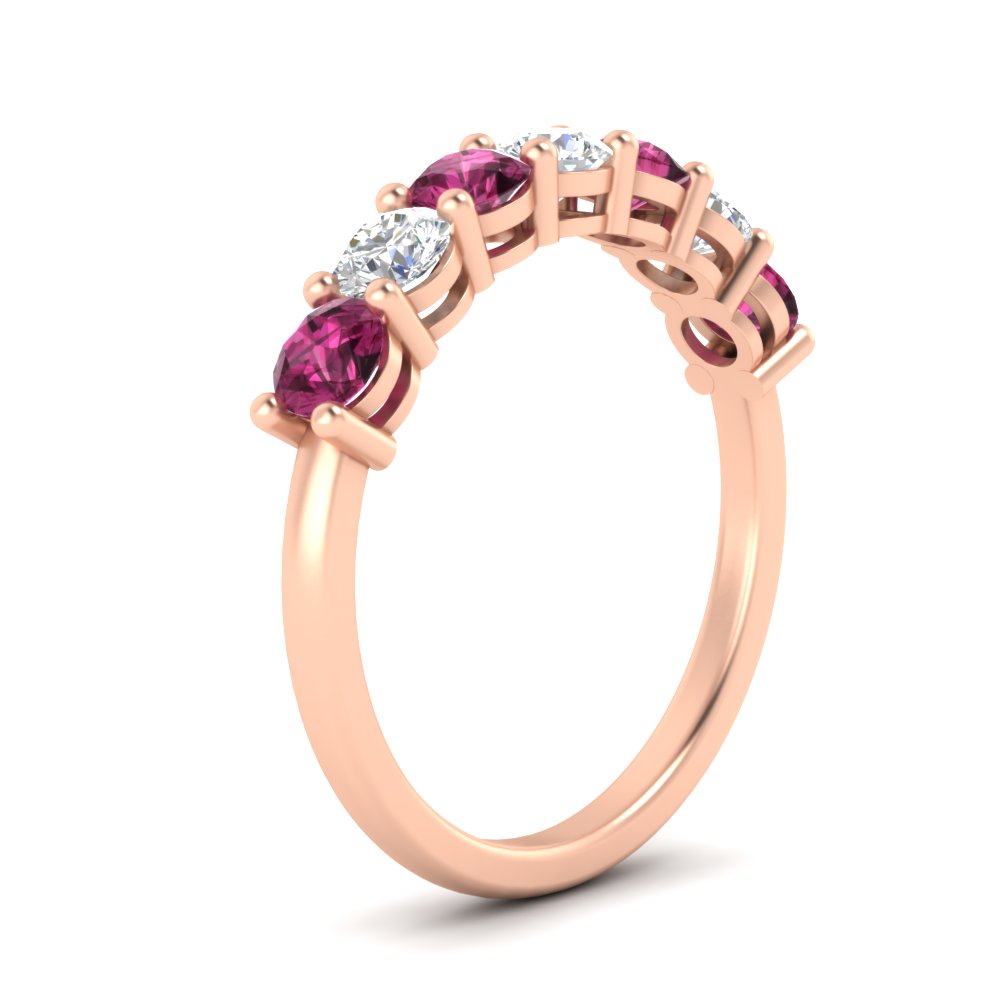 Semi Mount Shaped 1 Carat 7 Round Diamond Anniversary Band Ring with Pink Sapphire 14K Rose Gold