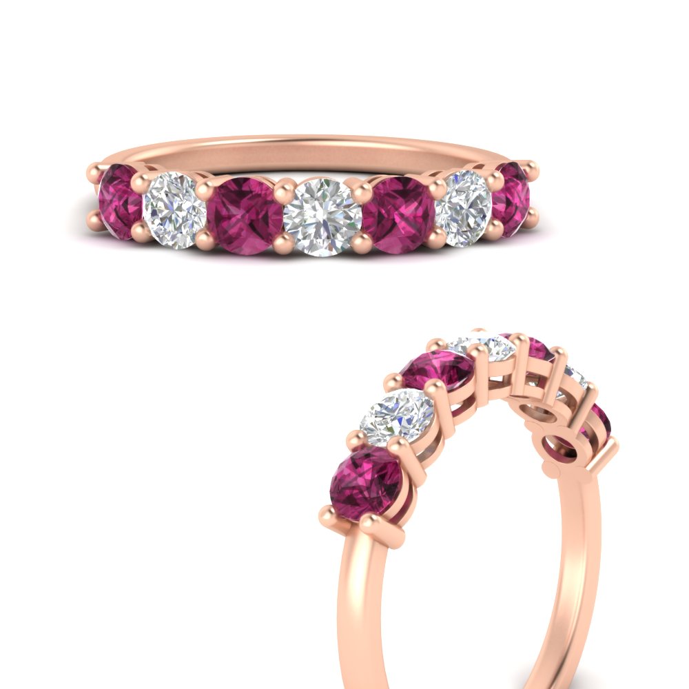 Semi Mount Shaped 1 Carat 7 Round Diamond Anniversary Band Ring with Pink Sapphire 14K Rose Gold