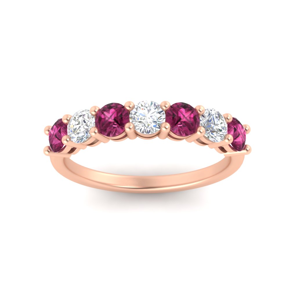 Semi Mount Shaped 1 Carat 7 Round Diamond Anniversary Band Ring with Pink Sapphire 14K Rose Gold