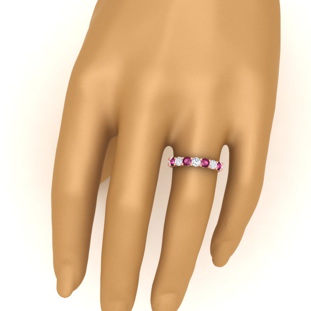 Semi Mount Shaped 1 Carat 7 Round Diamond Anniversary Band Ring with Pink Sapphire 14K Rose Gold