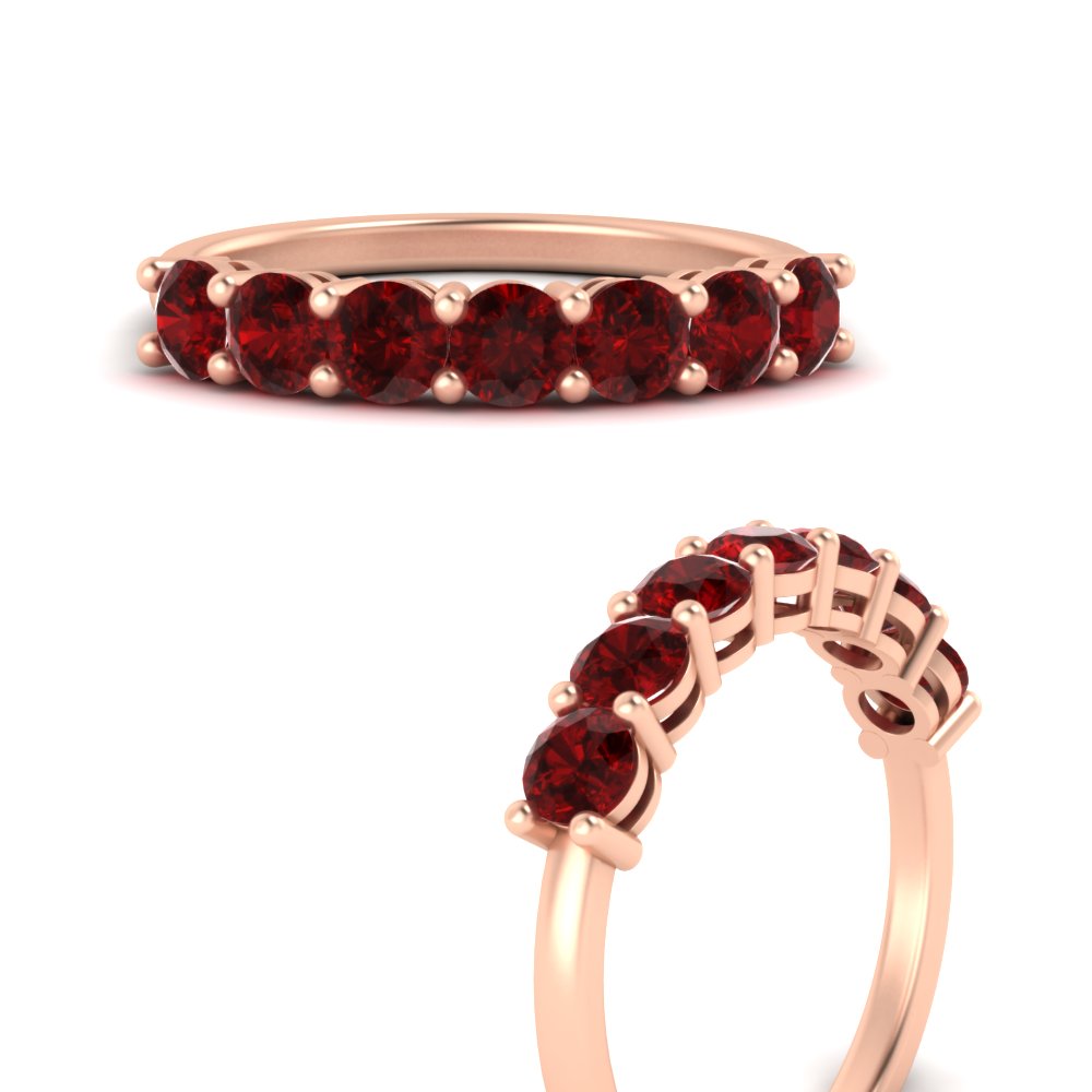 1 Carat Round Cut 7 Stone Gemstone Wedding Band with 14K Rose Gold Red Ruby