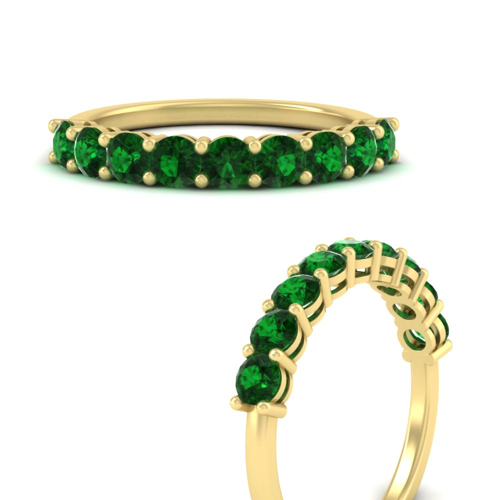 1 Carat Round Cut Colored 9 Stone Band with 14K Yellow Gold Green Emerald