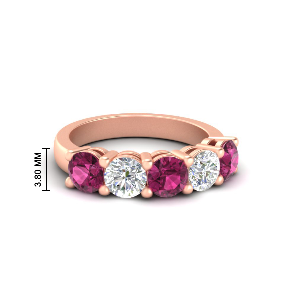 1 Ct. Round 5 Stone Anniversary Band with 14K Rose Gold Pink Sapphire