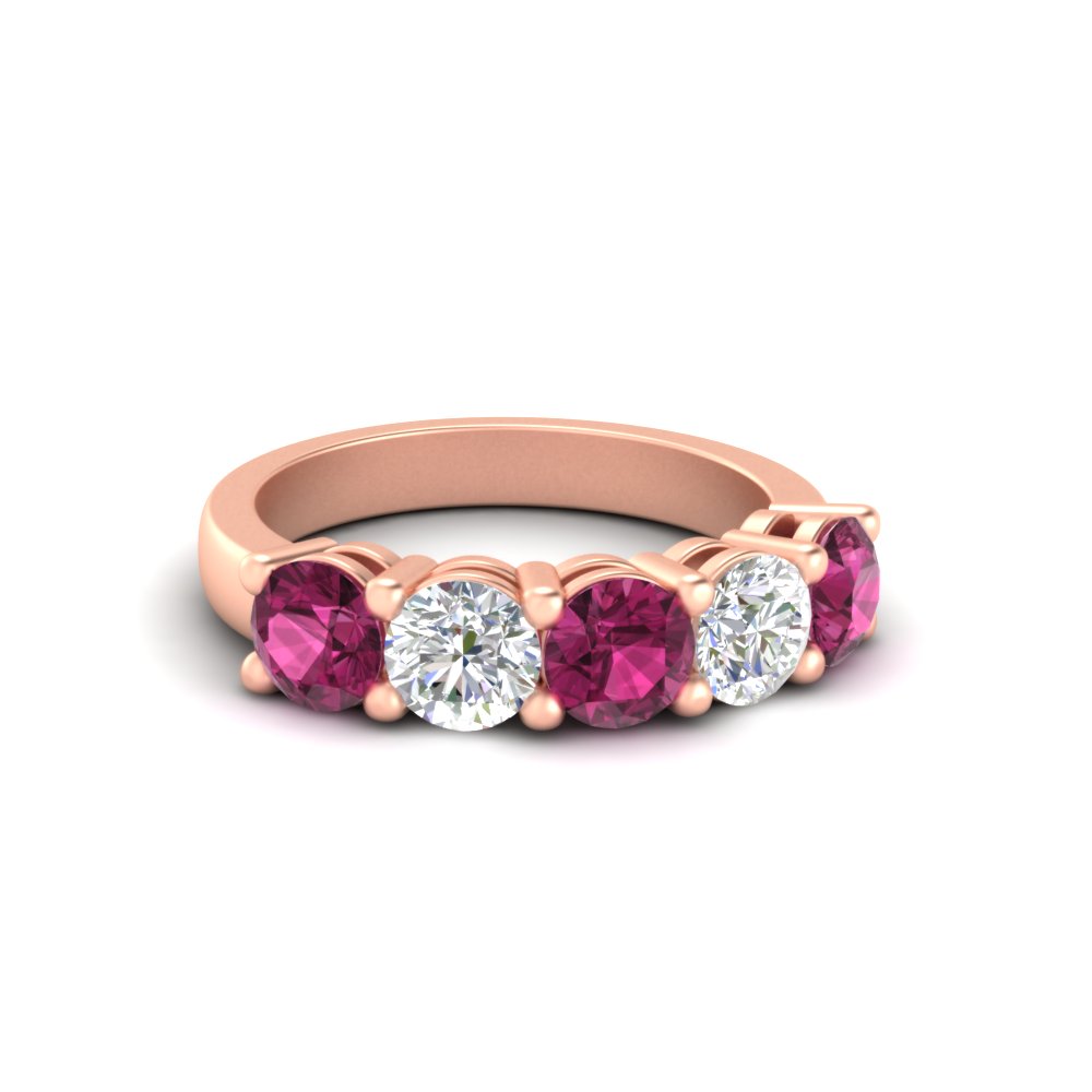 1 Ct. Round 5 Stone Anniversary Band with 14K Rose Gold Pink Sapphire