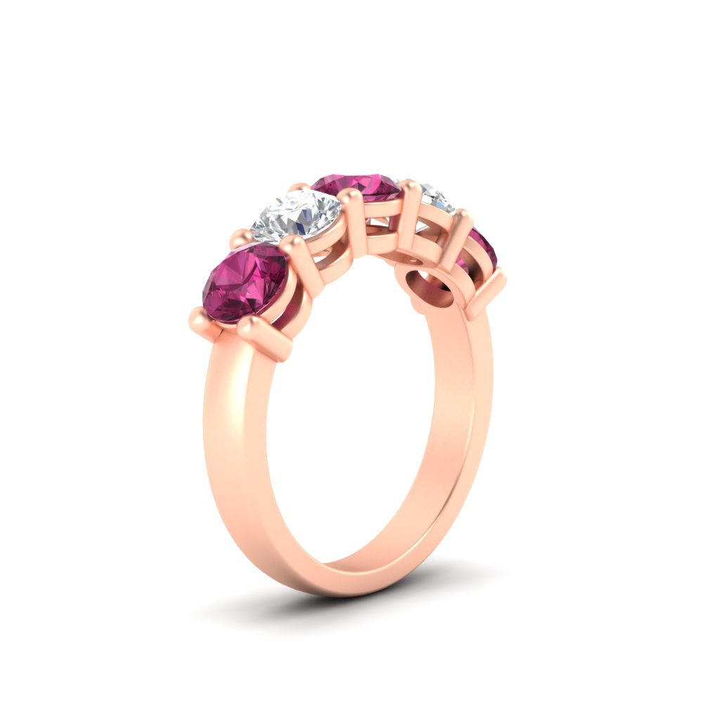 1 Ct. Round 5 Stone Anniversary Band with 14K Rose Gold Pink Sapphire