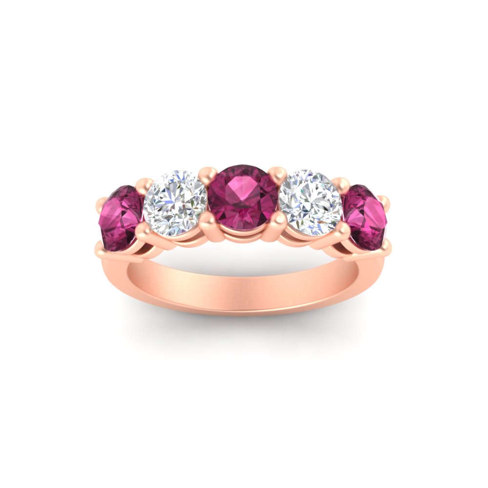 1 Ct. Round 5 Stone Anniversary Band with 14K Rose Gold Pink Sapphire