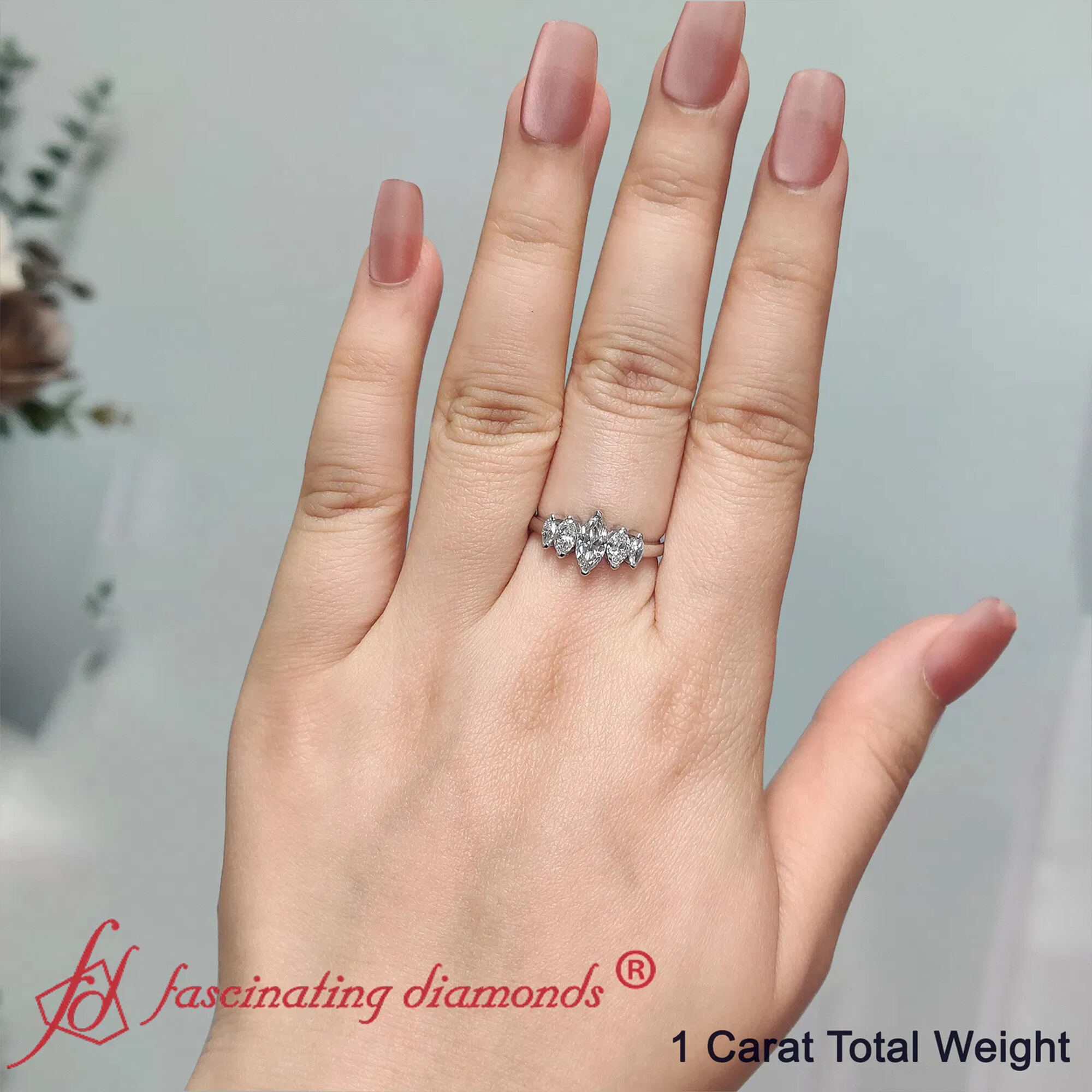 5 Stone Marquise Ring 1 Carat with 14K White Gold White Diamond