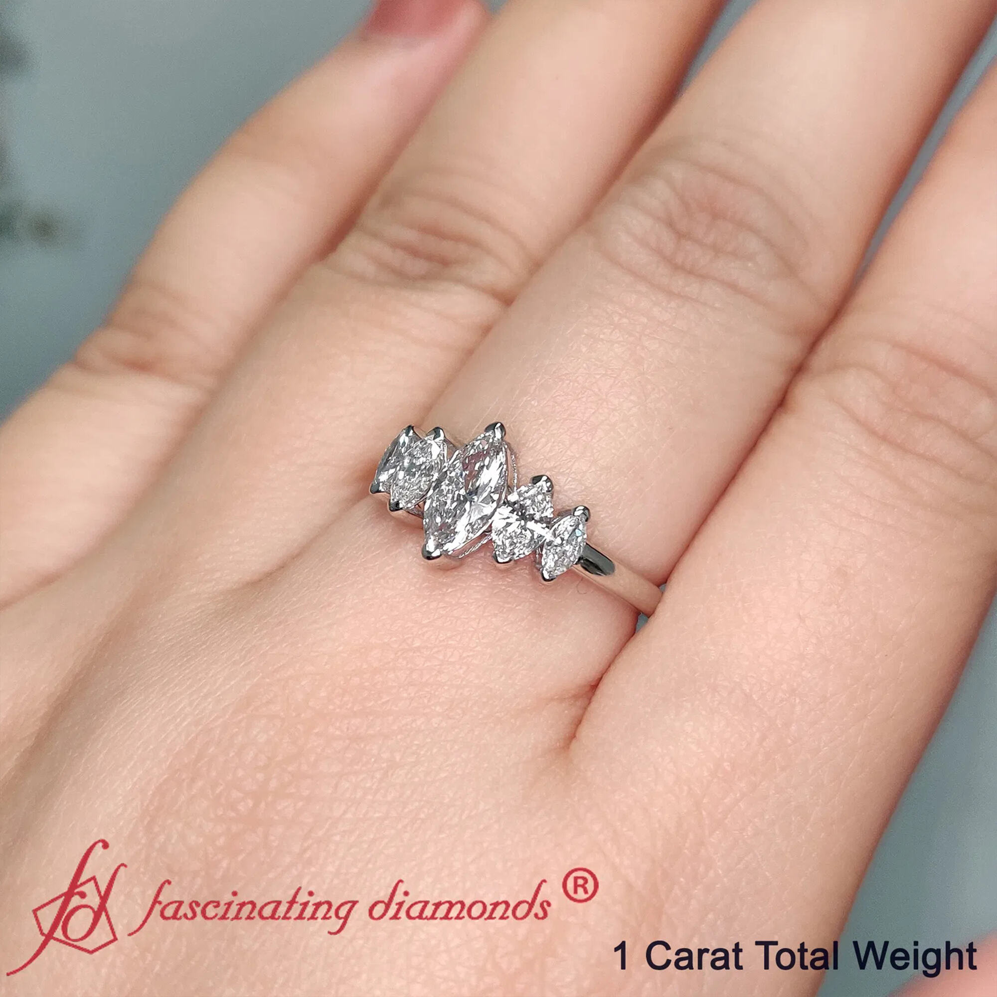 5 Stone Marquise Ring 1 Carat with 14K White Gold White Diamond