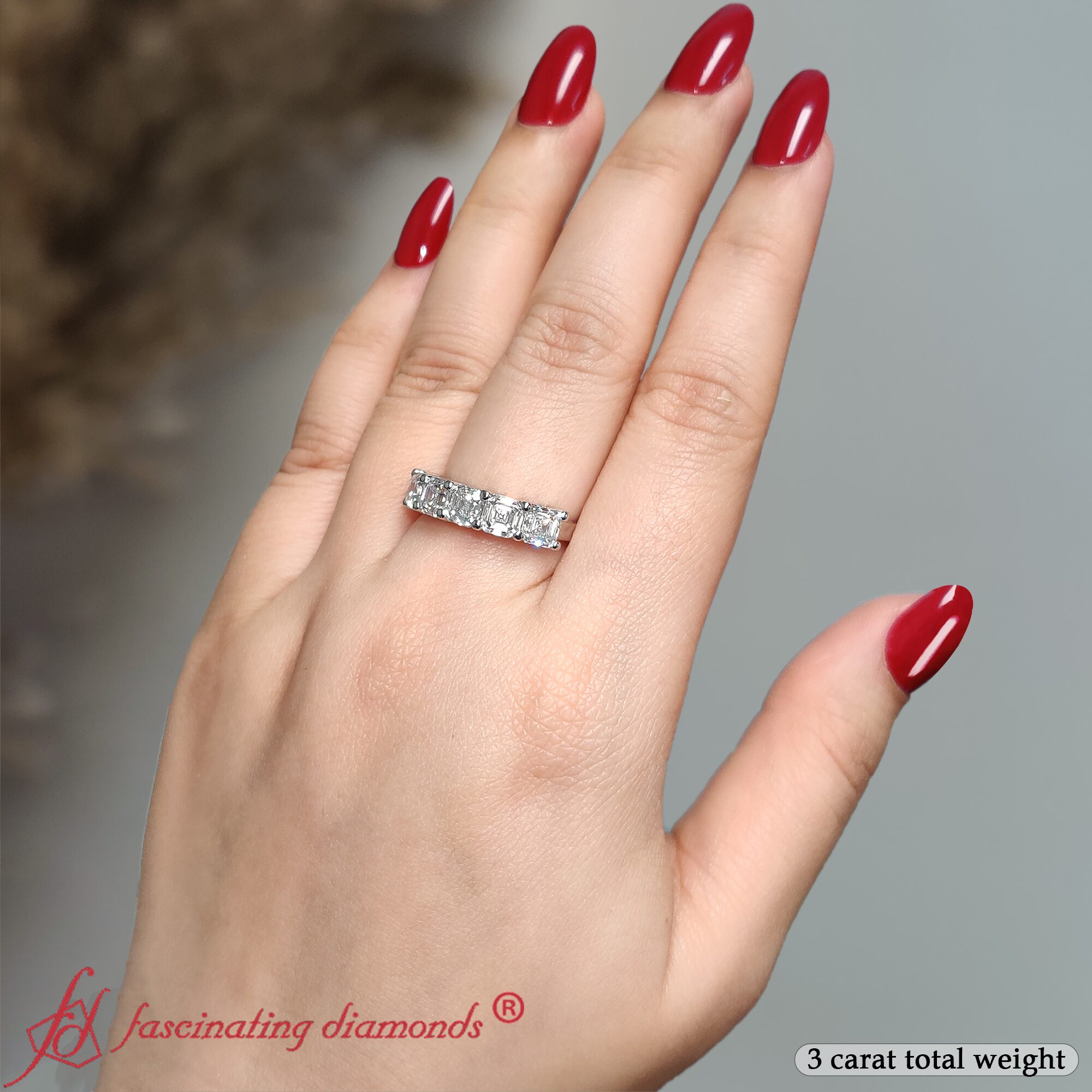 Asscher Cut Five Stone Diamond Ring 3 Carat with 14K White Gold White Diamond