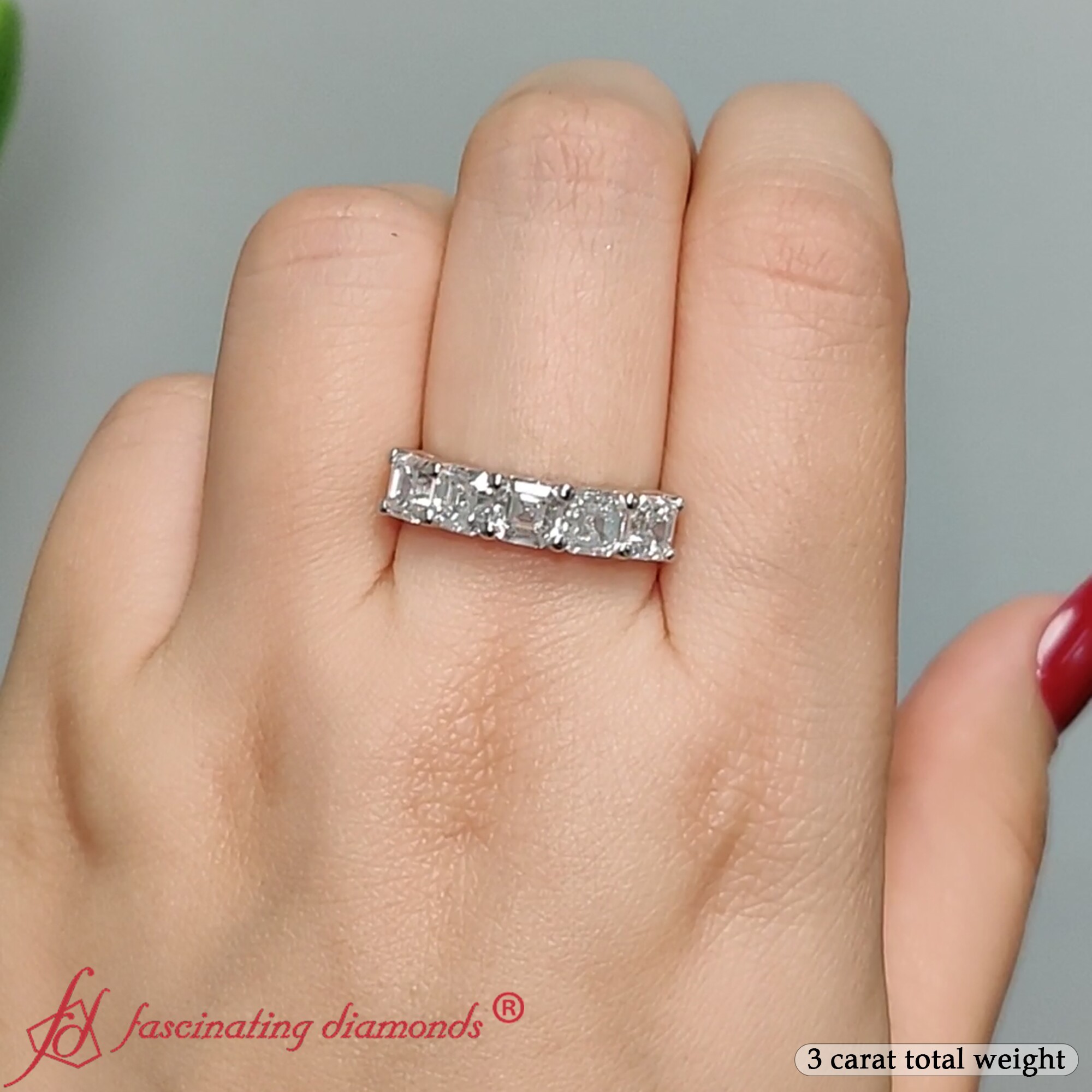 Asscher Cut Five Stone Diamond Ring 3 Carat with 14K White Gold White Diamond