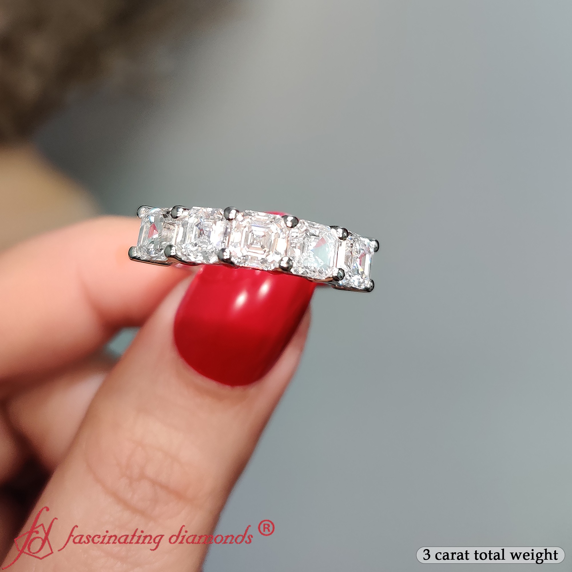 Asscher Cut Five Stone Diamond Ring 3 Carat with 14K White Gold White Diamond