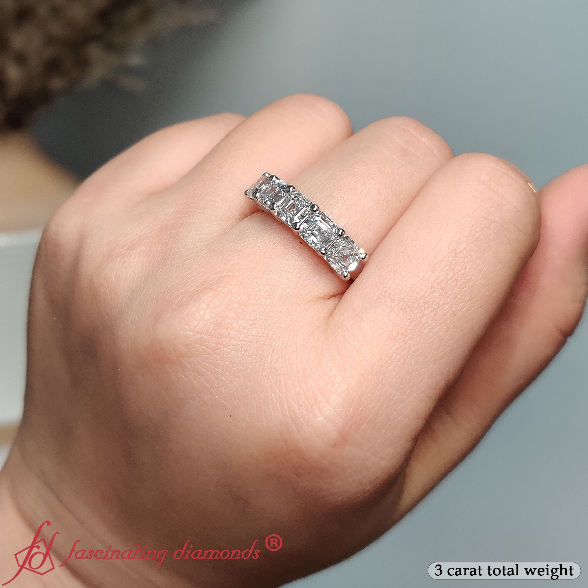 Asscher Cut Five Stone Diamond Ring 3 Carat with 14K White Gold White Diamond