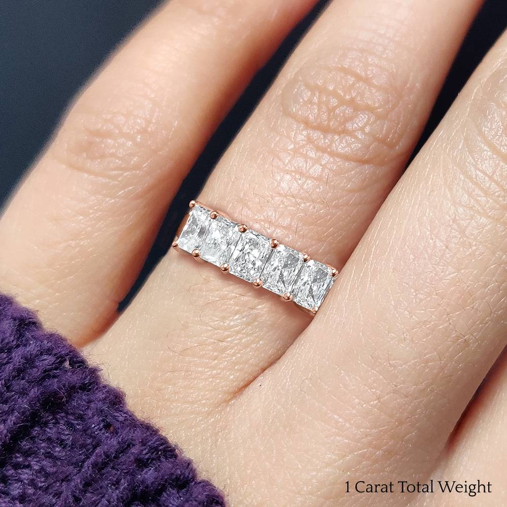 Radiant Cut 5 Stone Anniversary Band 1 Carat with 14K Rose Gold White Diamond