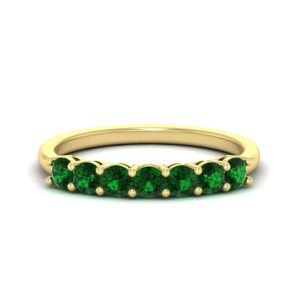 Seven Stone 0.75 Carat Round Colored Band with 14K Yellow Gold Green Emerald