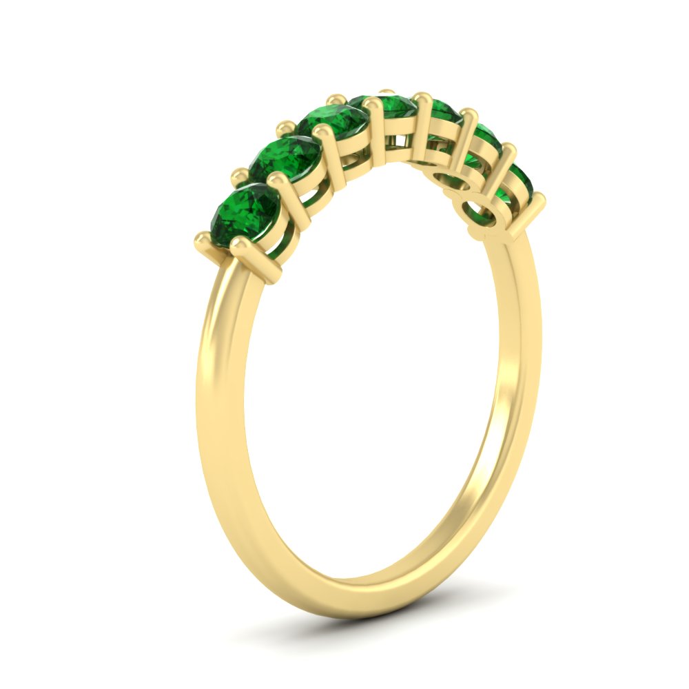Seven Stone 0.75 Carat Round Colored Band with 14K Yellow Gold Green Emerald