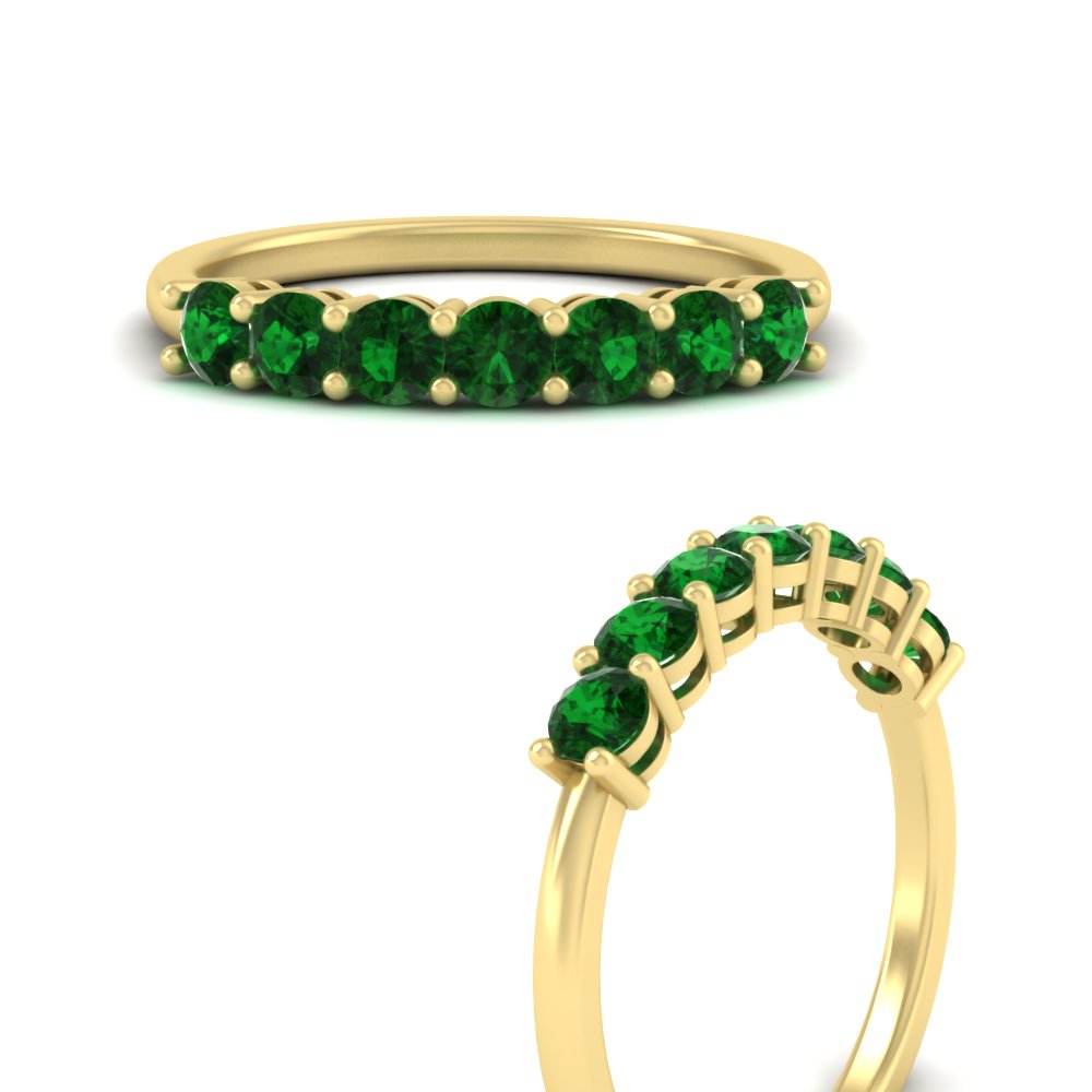 Seven Stone 0.75 Carat Round Colored Band with 14K Yellow Gold Green Emerald