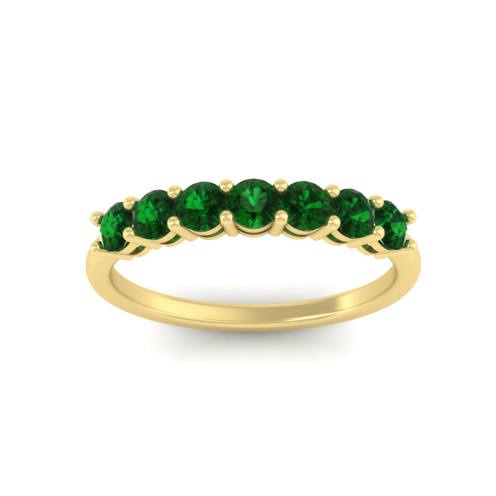 Seven Stone 0.75 Carat Round Colored Band with 14K Yellow Gold Green Emerald