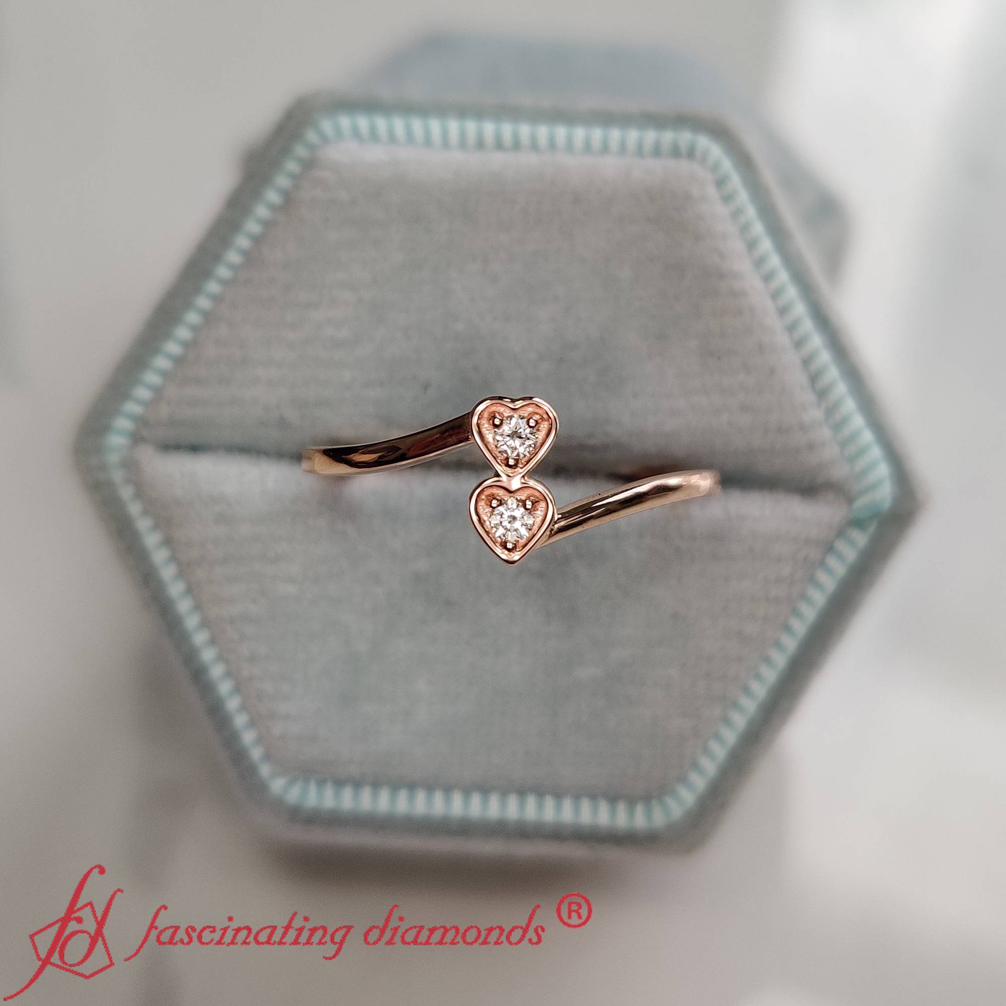 Double Heart Diamond Crossover Ring with 14K Rose Gold White Diamond