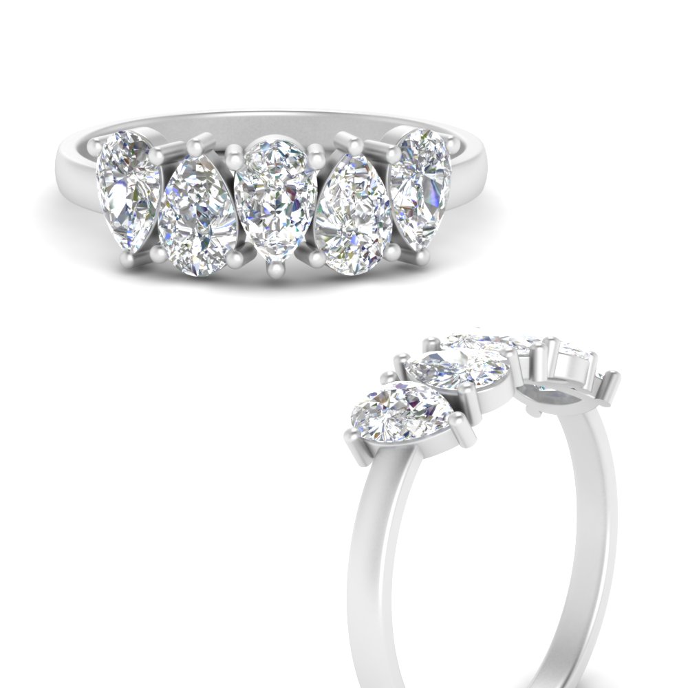 1.25 Carat 5 Stone Wedding Band Diamond Teardrop with 14K White Gold White Diamond