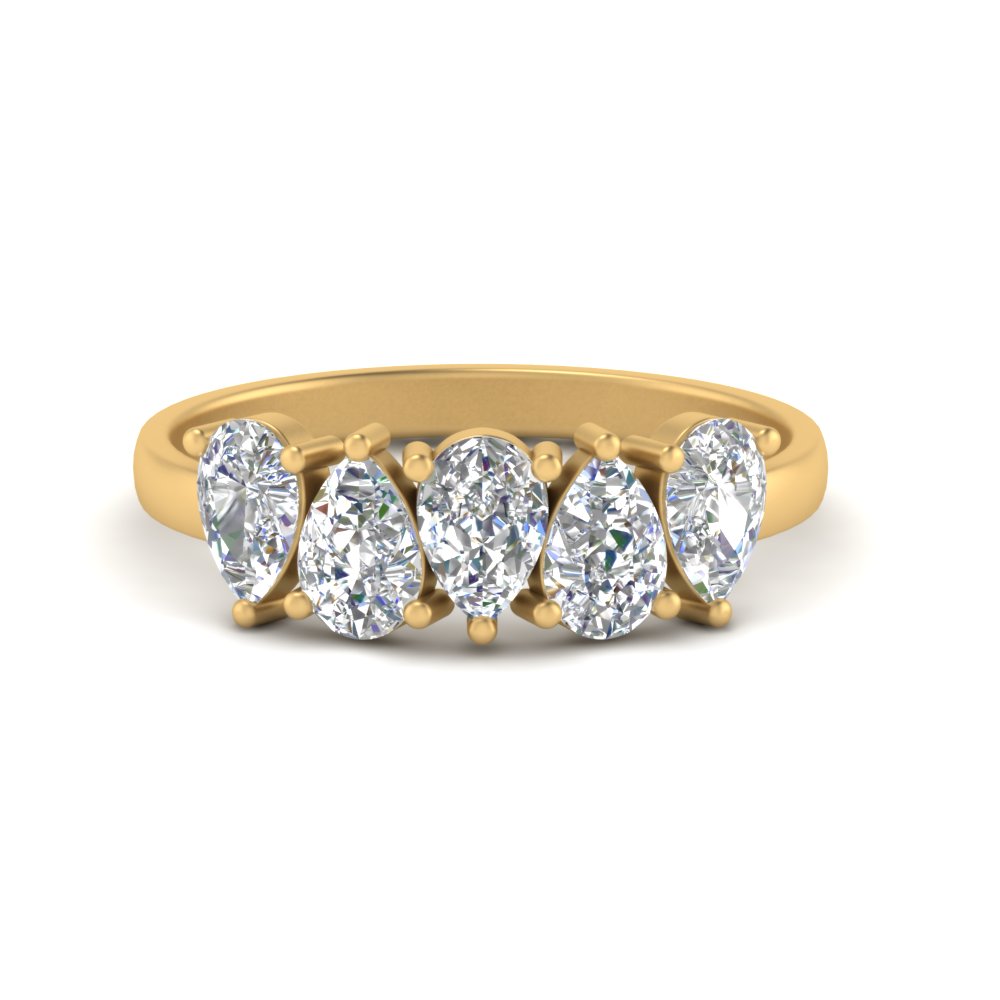 2 Carat 5 Stone Wedding Band Diamond Teardrop with 14K Yellow Gold White Diamond