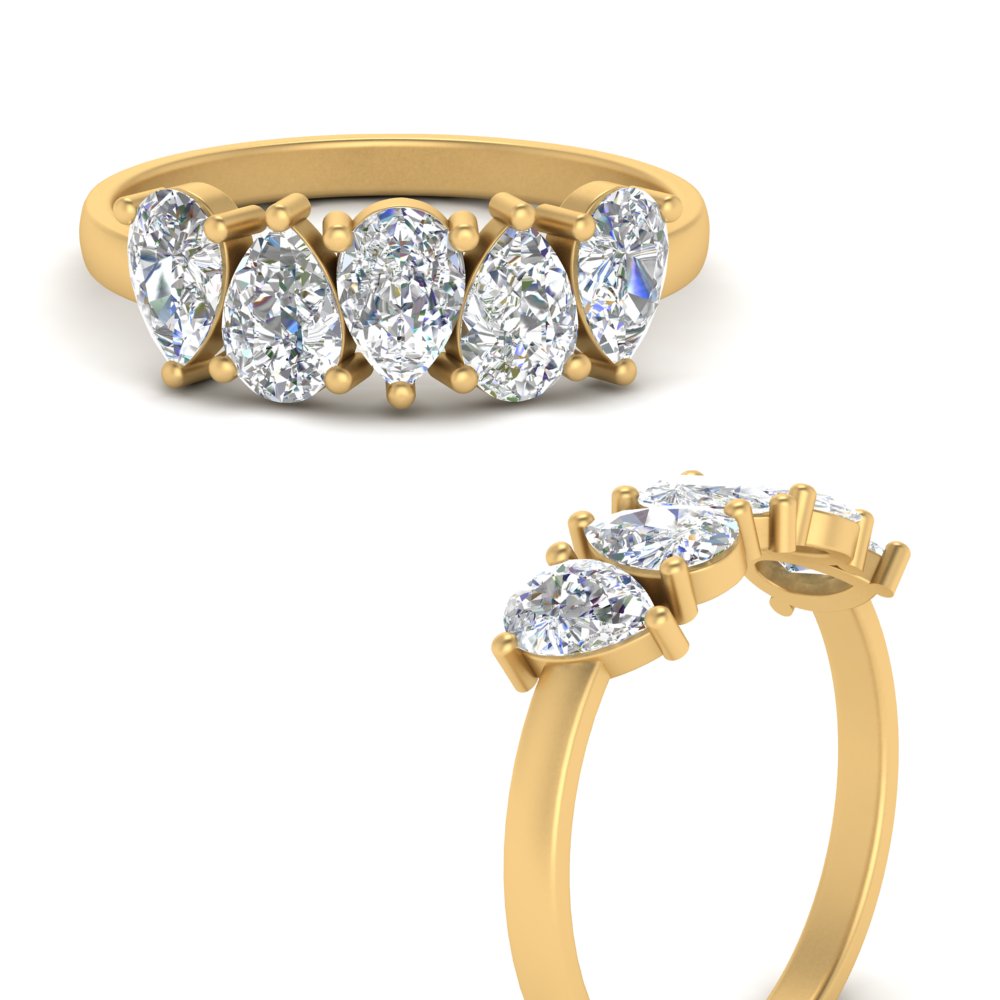 2 Carat 5 Stone Wedding Band Diamond Teardrop with 14K Yellow Gold White Diamond